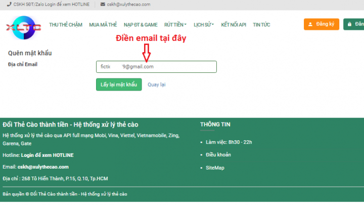 HƯỚNG DẪN LẤY LẠI MẬT KHẨU WEB ĐỔI THẺ XULYTHECAO.COM
